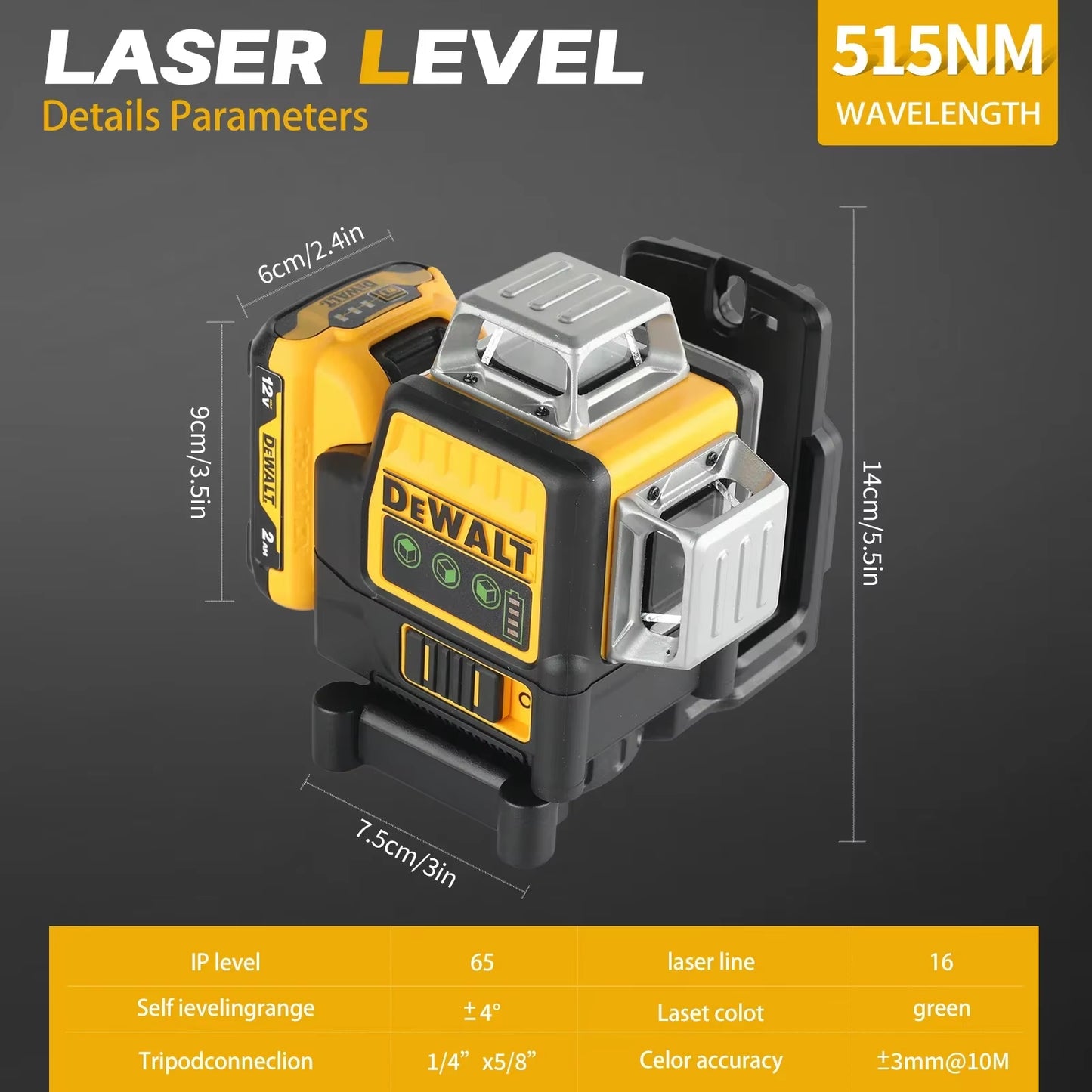 2025 DW089LG 12 Lines 3 Sides 360 Degree Vertical 12V Lithium Battery Laser Level Horizontal Green Meter Outdoor