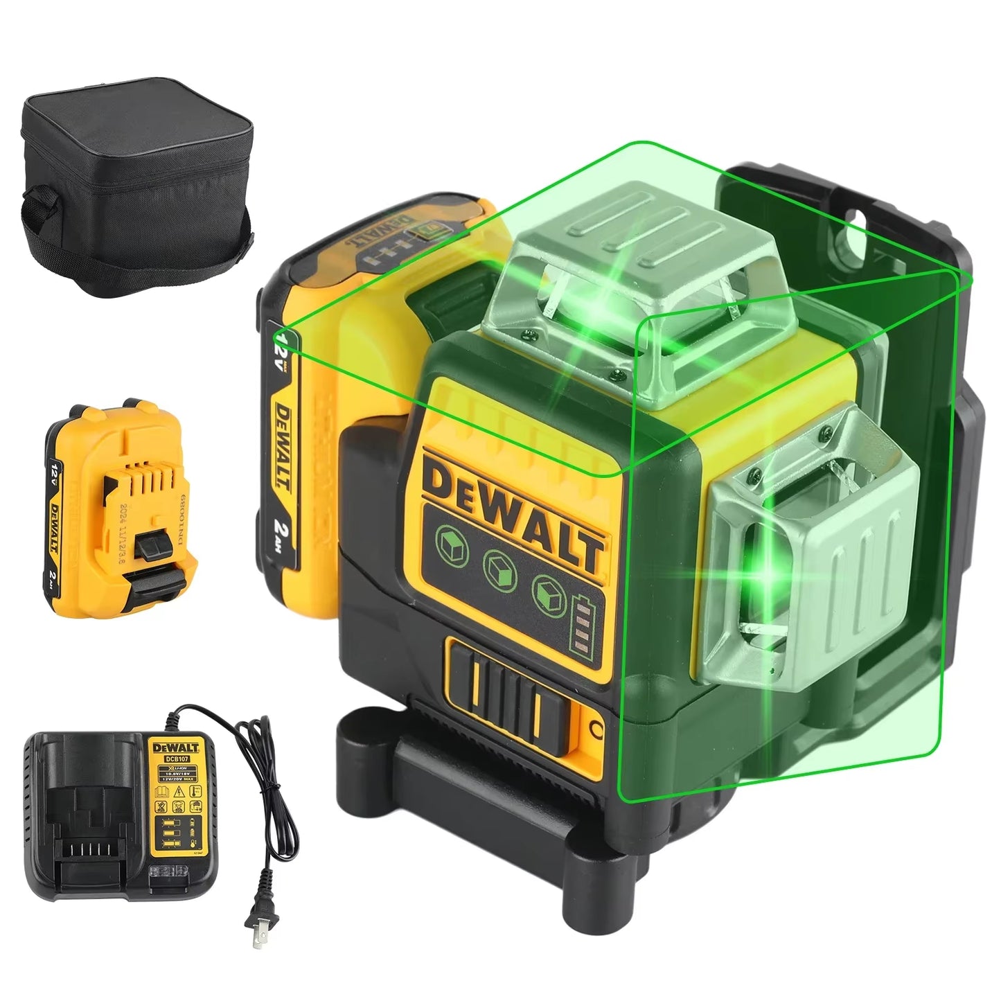 2025 DW089LG 12 Lines 3 Sides 360 Degree Vertical 12V Lithium Battery Laser Level Horizontal Green Meter Outdoor